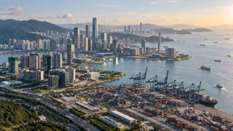 Ilustrasi AI untuk Qianhai Cooperation Zone dan Qianhai–Shekou FTZ: Apa Bedanya? dengan suasana kawasan bisnis pesisir modern