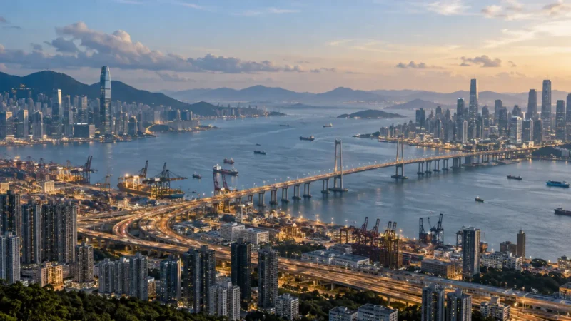 Ilustrasi AI untuk Mengapa Hong Kong Penting dalam Pengembangan Qianhai dengan suasana kawasan bisnis pesisir modern