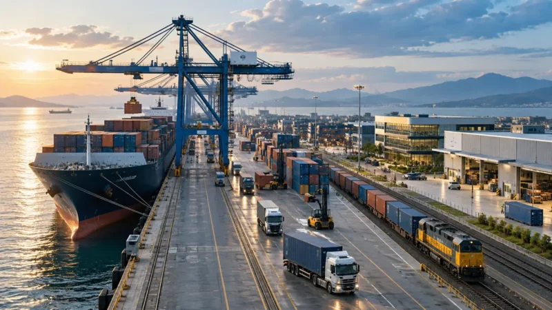 Ilustrasi AI untuk Peran Logistik dan Perdagangan dalam Ekosistem Qianhai dengan suasana kawasan bisnis pesisir modern